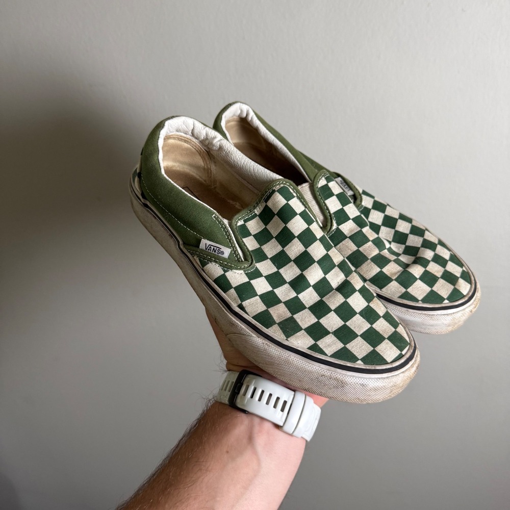 Vans Classic Slip-On Forest Green Checkerboard Canvas Skate Shoes Womens